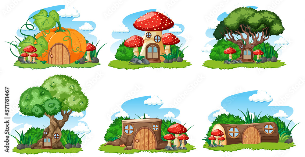 Set of isolated gnome fairy tale houses cartoon style on white background