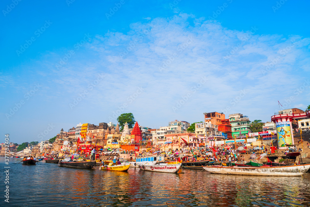 Colorful boats and Ganges river