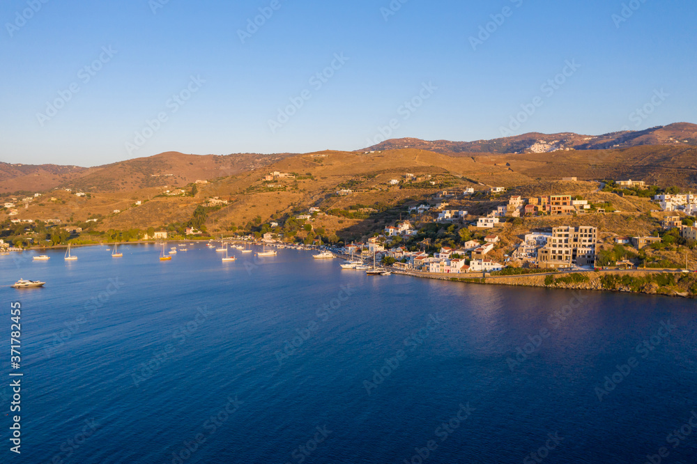 Kea Tzia island, Cyclades, Greece. Aerial drone photo of the bay at sunset time.