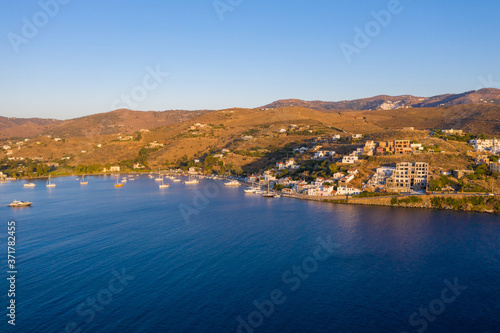 Kea Tzia island, Cyclades, Greece. Aerial drone photo of the bay at sunset time.