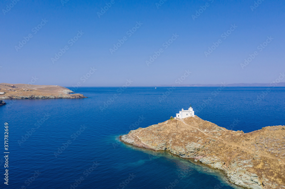 Aerial view of Kea Tzia island lighthouse, Cyclades, Greece.