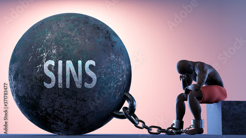 Bilde på lerret Sins as a heavy weight in life - symbolized by a person in chains attached to a