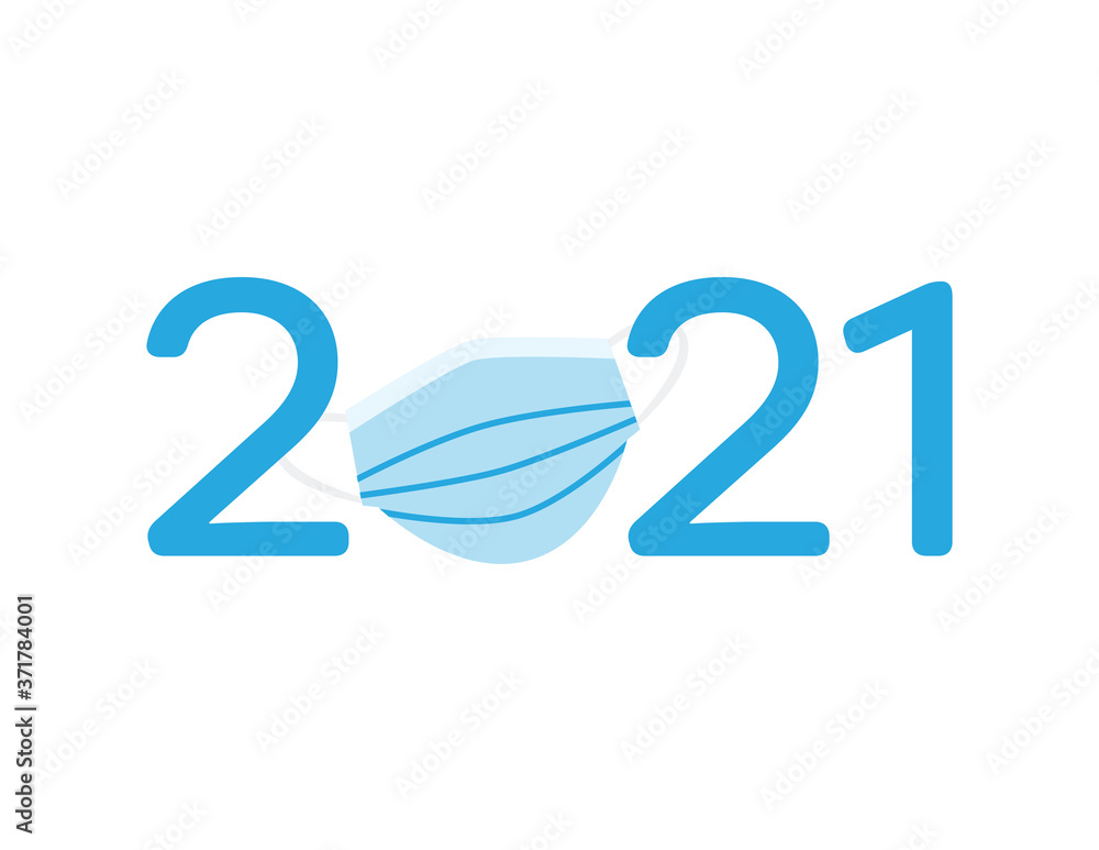 Fototapeta Blue 2021 new year logo - The numbers 2021 with face mask on White background