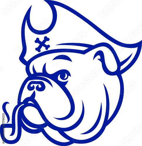 Simple Line Art of English Bulldog with Pirate Hat and Smoking a Pipe