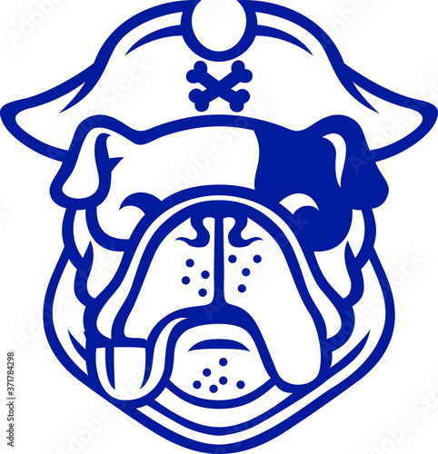 Simple Line Art of English Bulldog with Pirate Hat and Smoking a Pipe