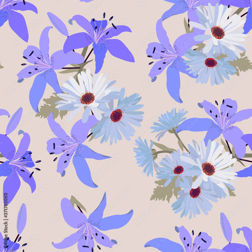 Seamless vector illustration with blue lily and gerbera.