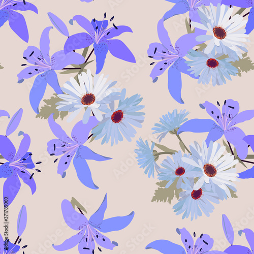 Fototapeta Naklejka Na Ścianę i Meble -  Seamless vector illustration with blue lily and gerbera.