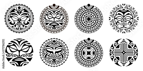 Set of round Maori tattoo ornament with sun symbols face and swastika. African, maya, aztec, ethnic, tribal style.	
