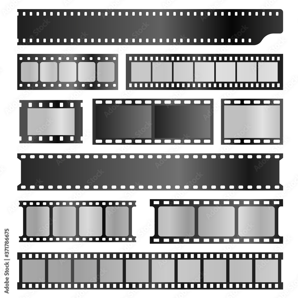 Filmstrips realistic set. Film or photograph frames, stripes, photo negative, projector, movie.