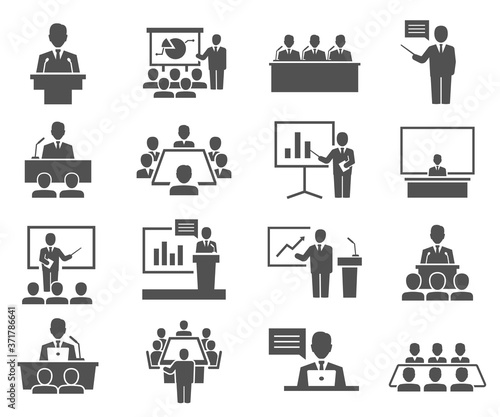 Conference, meeting icons set isolated on white. Business training, seminar.