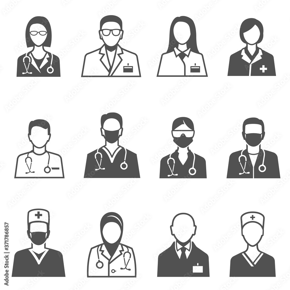 Medical staff in uniform with stethoscope icons set isolated on white. Doctor, physician. Medical staff in uniform with stethoscope icons set isolated on white. Doctor, physician.
