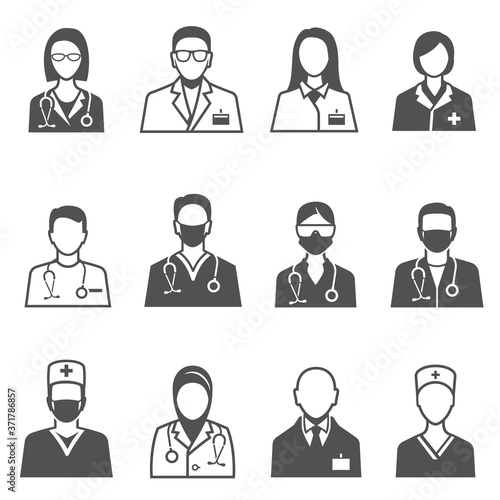 Medical staff in uniform with stethoscope icons set isolated on white. Doctor, physician.