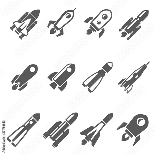 Rockets bold black silhouette icons set isolated on white. Spaceship, flying spacecraft pictograms.