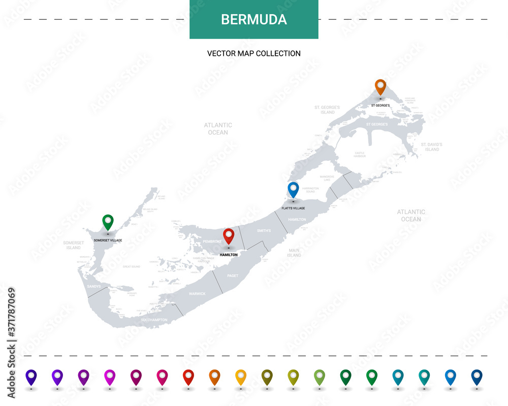 Naklejka premium Bermuda map with location pointer marks. Infographic vector template, isolated on white background.