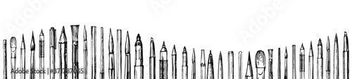 Stationery. Pens, pencils and brushes. Outline hand drawing. Isolated vector object on white background. A sketch with a felt-tip pen, ink on paper. Bottom horizontal frame. Sketch.