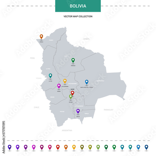 Bolivia map with location pointer marks. Infographic vector template, isolated on white background.