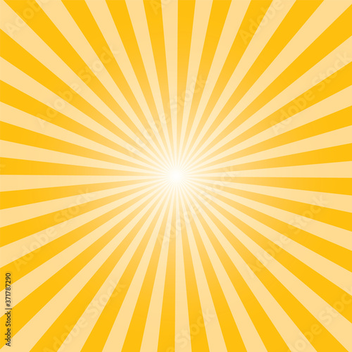 Sunburst background. Orange yellow radiate sun beam burst effect. Sunbeam light flash boom. Sunrise glow burst. Solar radiance glare, retro design illustration