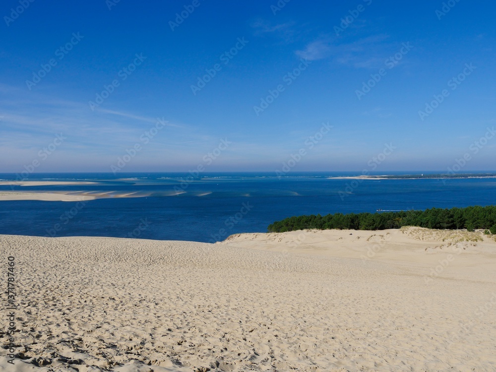 The Pilat Dune or Pyla Dune, on the edge of the forest of Landes de Gascogne on the Silver Coast at the entrance to the Arcachon Basin, is the highest dune in Europe, Aquitaine, France