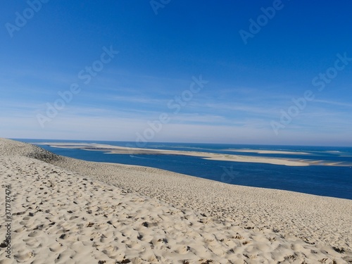 The Pilat Dune or Pyla Dune  on the edge of the forest of Landes de Gascogne on the Silver Coast at the entrance to the Arcachon Basin  is the highest dune in Europe  Aquitaine  France