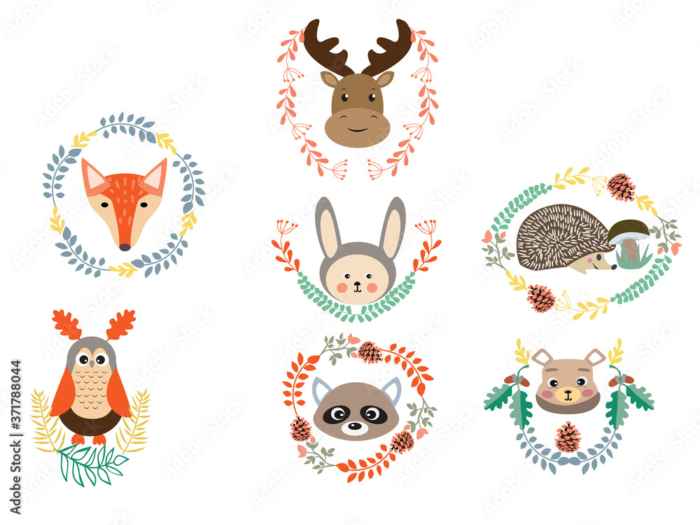 Naklejka premium set of cute forest elements animals and plants