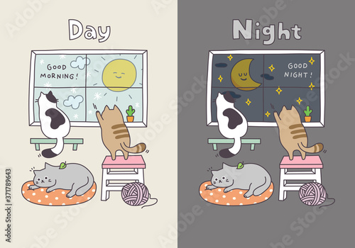 Cute Day and Night, Sun and Moon, with 3 Cats Vector Illustration