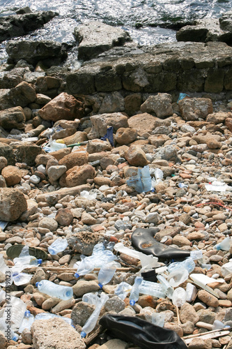 Plastic bottles and tires dumped on the Mediterranean coast outside Tyre in southern Lebanon. photo