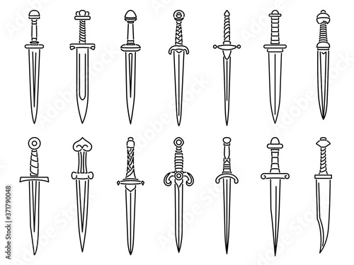 Tableau sur toile Set of simple vector images of medieval daggers and dirks drawn in art line style