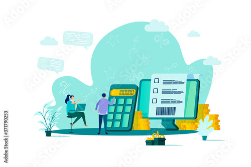 Accountant concept in flat style. Financial balance calculation scene. Business accounting and audit, annual statement and taxes banner. Vector illustration with people characters in work situation.