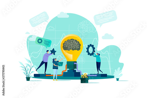 Brainstorming concept in flat style. Creative team generate and development business project scene. Innovation solution, new startup launch. Vector illustration with people characters in situation.