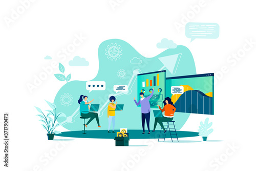 Business meeting concept in flat style. Business team discussing project with charts scene. Partnership and teamwork collaboration banner. Vector illustration with people characters in work situation.