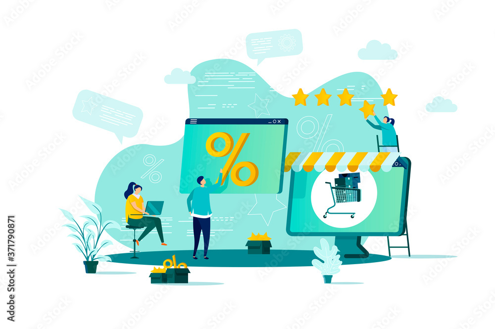 Naklejka premium Discount of goods concept in flat style. Shoppers view discount sales propositions scene. Seasonal discounting, special offer and retail advertising. Vector illustration with people characters.