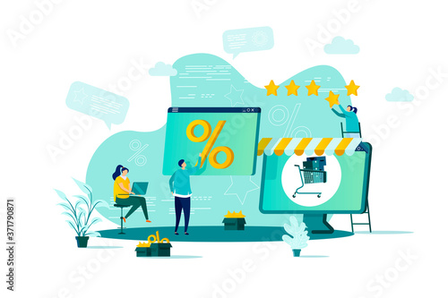 Discount of goods concept in flat style. Shoppers view discount sales propositions scene. Seasonal discounting, special offer and retail advertising. Vector illustration with people characters.