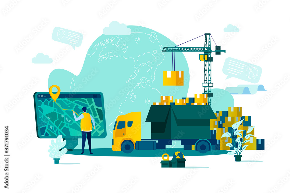 Naklejka premium Logistics concept in flat style. Warehouse worker planning route on computer scene. Express delivery service, warehousing and distribution. Vector illustration with people characters in work situation