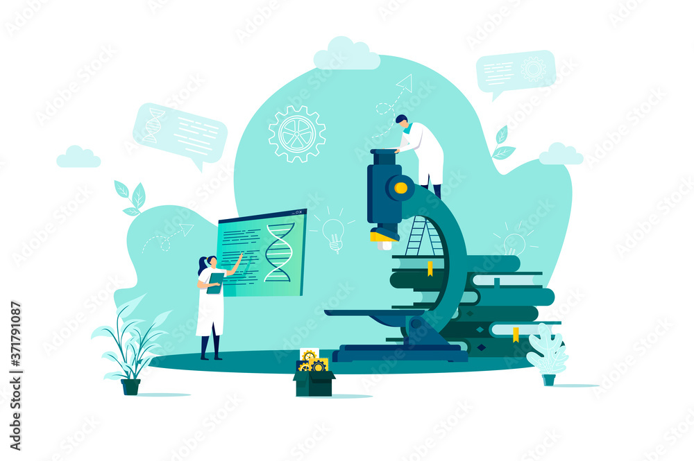 Medical laboratory concept in flat style. Scientist doing research with microscope scene. Biotechnology industry, patient diagnosis web banner. Vector illustration with people characters in situation. Medical laboratory concept in flat style. Scientist doing research with microscope scene. Biotechnology industry, patient diagnosis web banner. Vector illustration with people characters in situation.