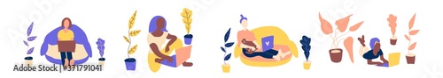 Big vector set with girls freelancers in hand drawn style.Clip art of people working at the computer in pink,blue,yellow, brown color.Design for social networks, advertising, web, card.
