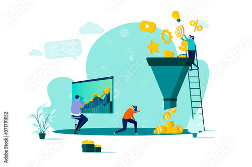Marketing funnel concept in flat style. Marketers processing data scene. Marketing research, strategy planning, attraction new customers. Vector illustration with people characters in work situation.