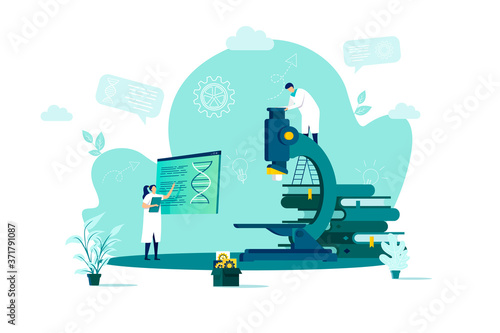Medical laboratory concept in flat style. Scientist doing research with microscope scene. Biotechnology industry, patient diagnosis web banner. Vector illustration with people characters in situation.