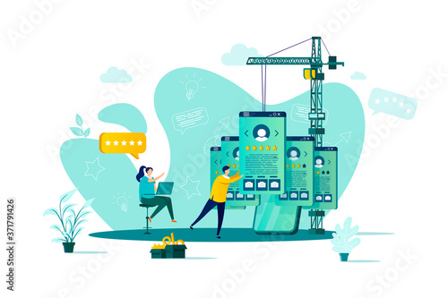 Recruitment concept in flat style. HR manager studying resumes of candidates scene. Human resource management and staff headhunting web banner. Vector illustration with people characters in situation.