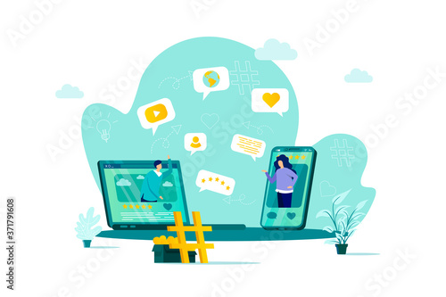Social network concept in flat style. Friends online chatting scene. Internet community communication, social media content and messaging. Vector illustration with people characters in situation.