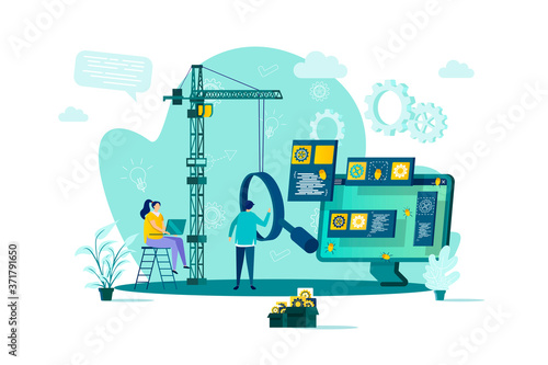Software testing concept in flat style. Engineer debugging web application scene. Software testing and quality assurance, search of bugs banner. Vector illustration with people characters in situation