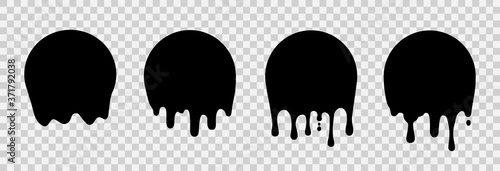 Black paint drip stickers, set circle black melt drop icons, circle melt drops, graffiti paint drip blobs, label liquid drop - stock vector