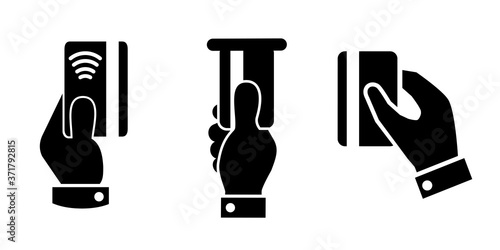 Set hand holding debit credit card. The hand holds a bank card – stock vector