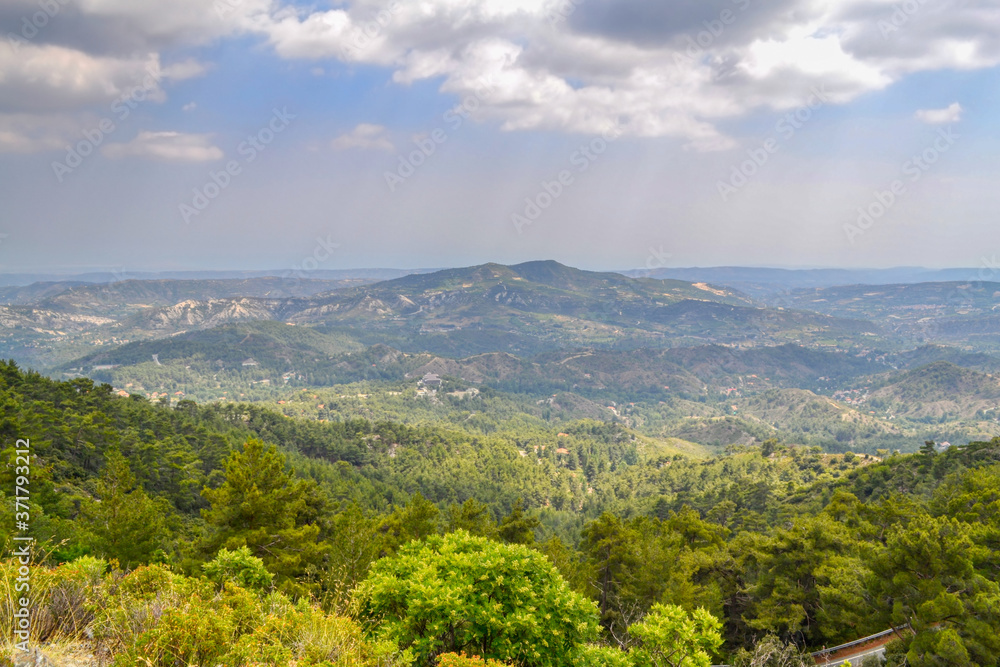 Fototapeta premium Alpine scenery in the mountain system of Troodos, Cyprus. A view from the heights of the mountains and hills covered with pine trees and other trees.