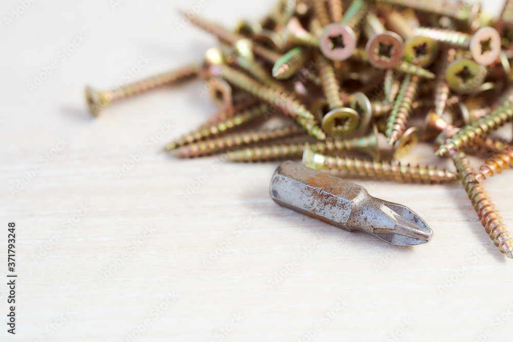 The screws lie in a white cup against a light background. With copy space.Top view. The screws lie in a white cup against a light background. With copy space.Top view.