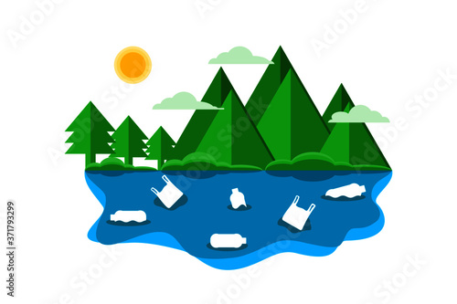 Water bottles and plastic bags floating on the surface of the river in forest trees which is polluting the environment flat vector.