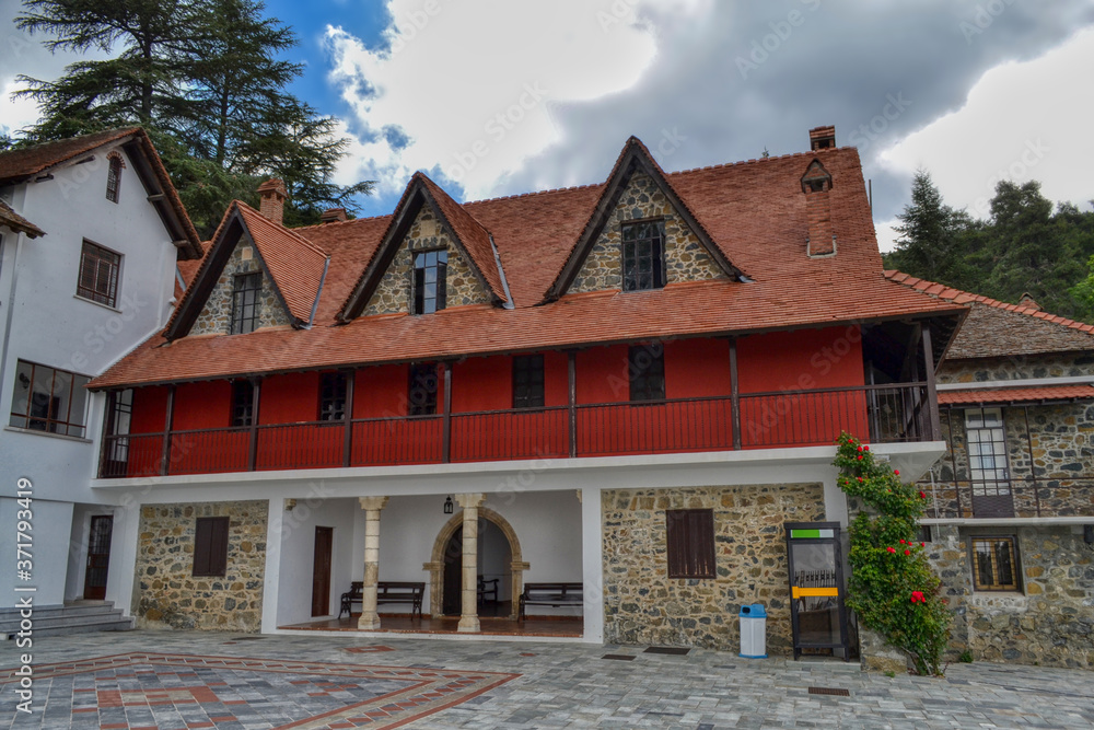 Buildings on the territory of the Trooditissa Monastery - the male monastery of the Paphos Metropolis of the Cyprus Orthodox Church, located in the Troodos Mountains Buildings on the territory of the Trooditissa Monastery - the male monastery of the Paphos Metropolis of the Cyprus Orthodox Church, located in the Troodos Mountains