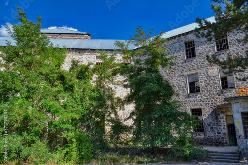 The abandoned Berengaria Hotel is the famous Cypriot resort of the mid-20th century in the mountainous region of Troodos, Cyprus. The hotel resembles an ominous medieval castle.
