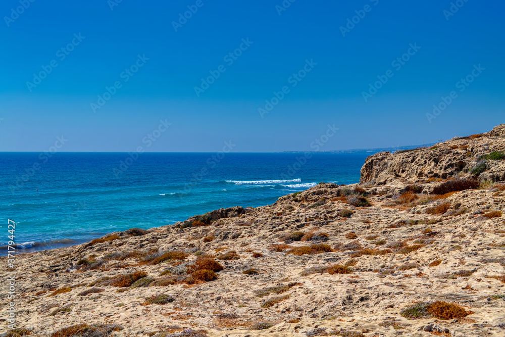Rocks on the sea coast in the city of Paphos, Cyprus.  View of the yellow sand and stone cliffs with shallow desert vegetation.