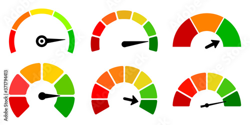 Set scale speed valuation icons, colour speedometer, tachometer signs, satisfaction barometer, fast speed signs, performance measurement - stock vector
