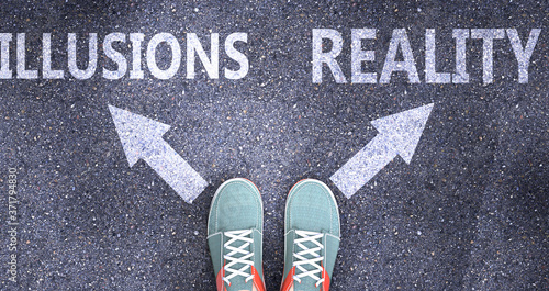 Illusions and reality as different choices in life - pictured as words Illusions, reality on a road to symbolize making decision and picking either Illusions or reality as an option, 3d illustration